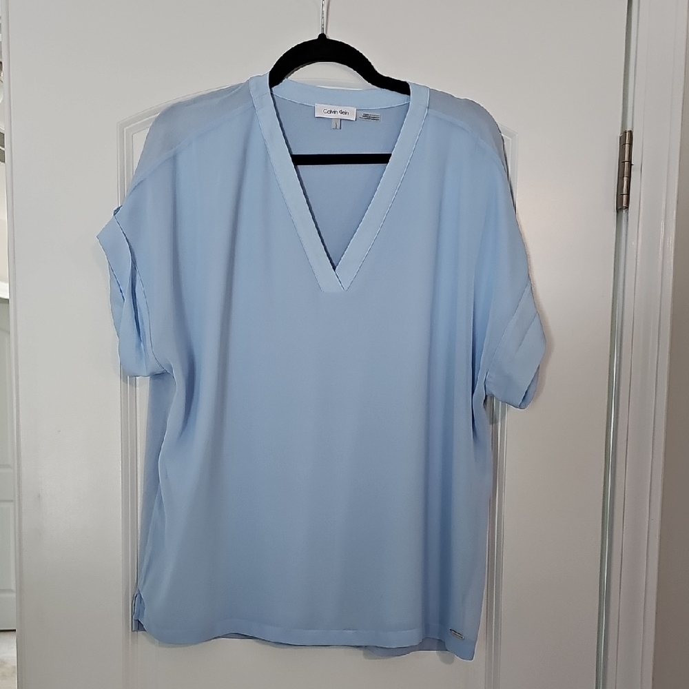 Calvin Klein Women's Sky Blue V-Neck Blouse